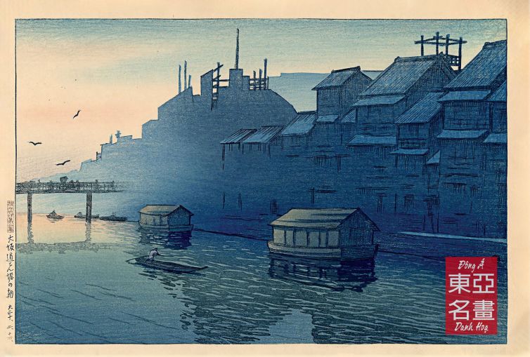 10. Bình minh trên bến Dotonbori, Osaka (Osaka Dotonbori no asa) 1921 – Kawase Hasui
